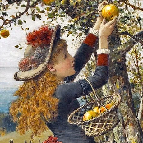 Picking Apples Framed Canvas Replica Painting: Small