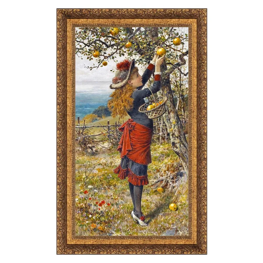 Picking Apples Framed Canvas Replica Painting: Small