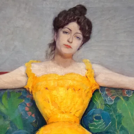 Lady in Yellow Dress Framed Canvas Replica Painting: Large