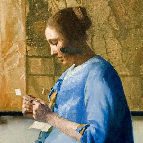 Woman Reading a Letter Framed Canvas Replica Painting: Grande