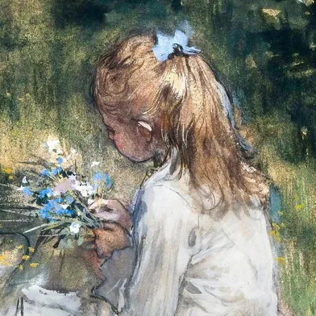 A Girl with Flowers on the Grass Framed Canvas Replica Painting: Grande