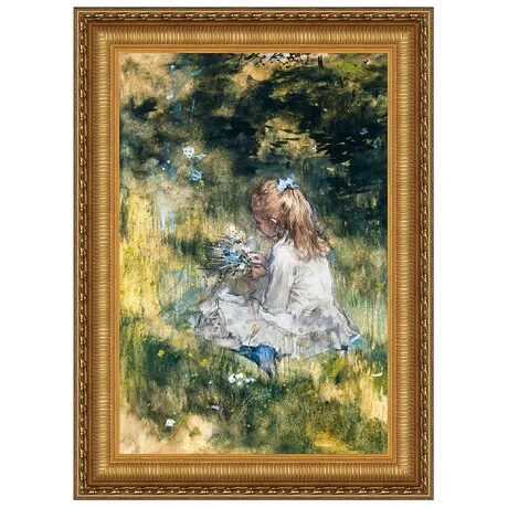 A Girl with Flowers on the Grass Framed Canvas Replica Painting: Grande