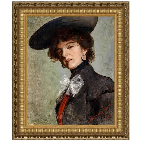 Dame mit Hut (Lady with Hat) Framed Canvas Replica Painting: Medium