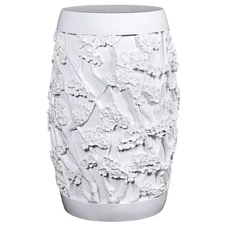 Sakura Cherry Blossom Asian Sculptural Pedestal Table: Gloss White Finish