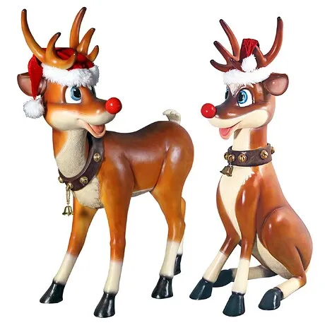 Santa's Christmas Red-Nosed Reindeer Statues: Set of Two Large