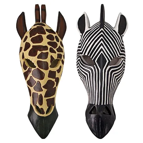 Tribal-Style Animal Mask Wall Sculptures: Set of Two