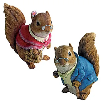 Grandmother and Grandfather Squirrel Garden Statues: Set of Two